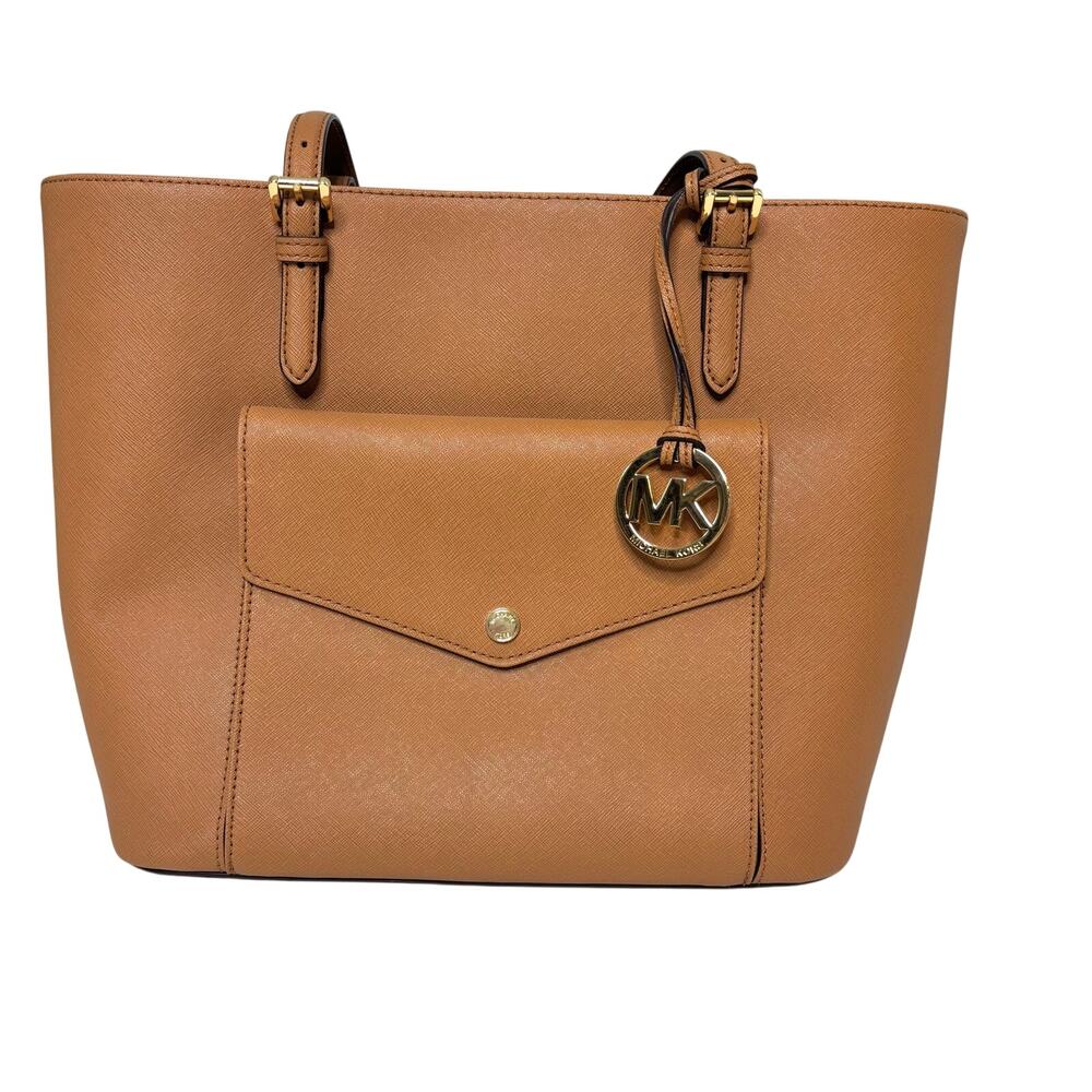 Michael Kors Tan Saffiano Leather Jet Set Large Pocket Multi Function Tote